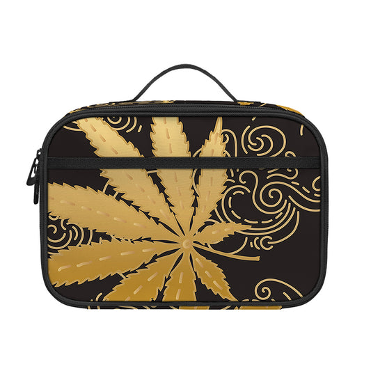 Gold Cannabis Leaf Pattern Print Portable Lunch Bag