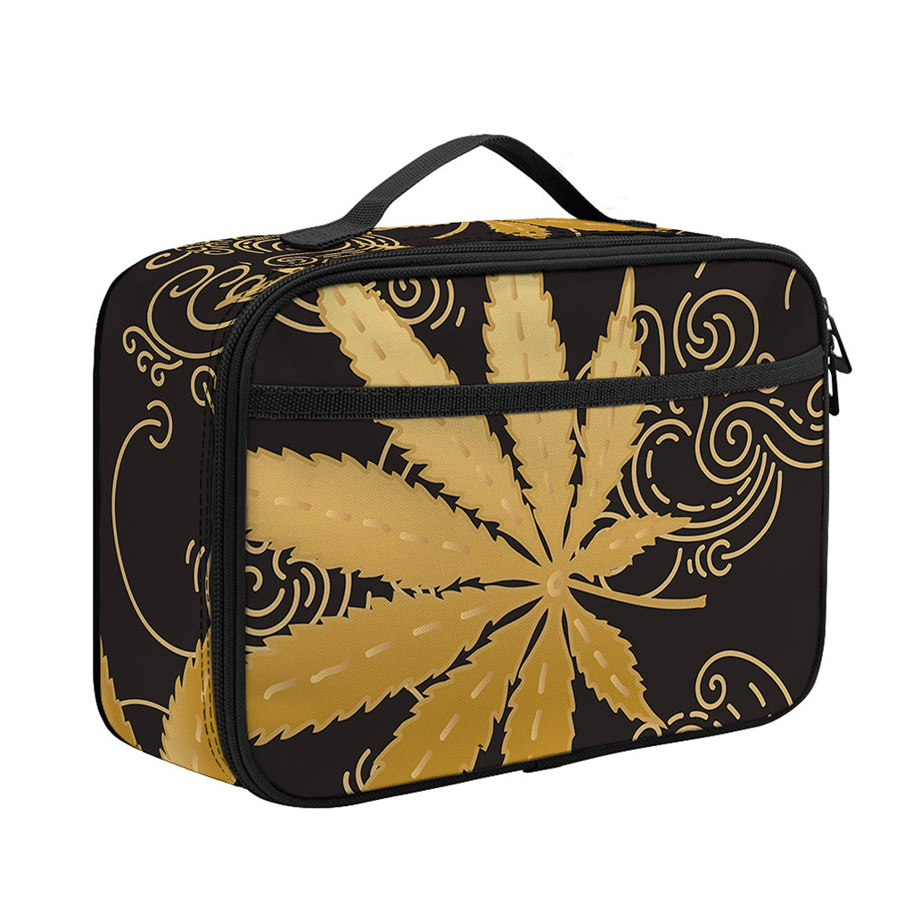 Gold Cannabis Leaf Pattern Print Portable Lunch Bag