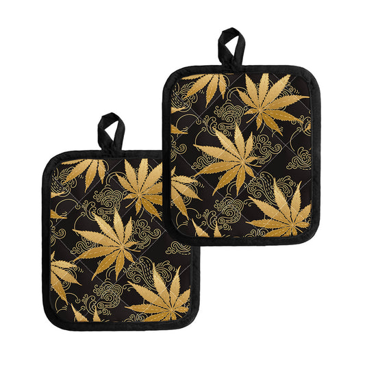 Gold Cannabis Leaf Pattern Print Pot Holders