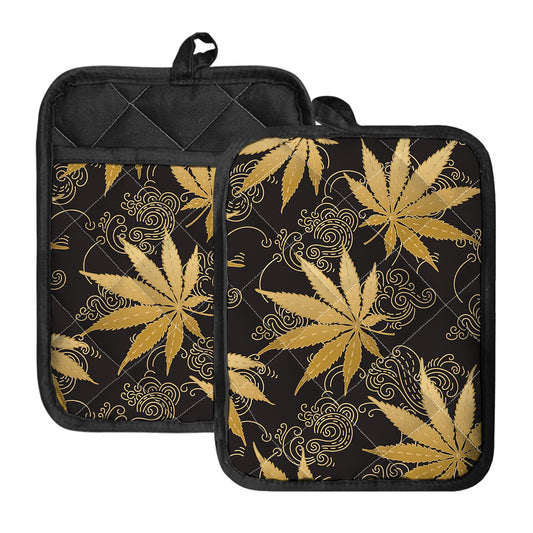 Gold Cannabis Leaf Pattern Print Pot Holders With Pocket