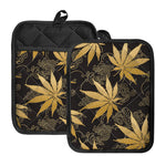 Gold Cannabis Leaf Pattern Print Pot Holders With Pocket
