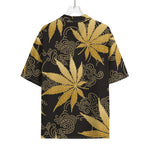 Gold Cannabis Leaf Pattern Print Rayon Hawaiian Shirt