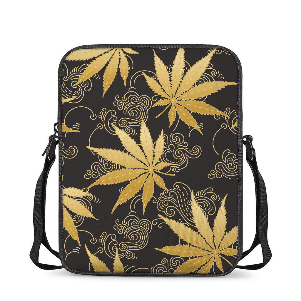 Gold Cannabis Leaf Pattern Print Rectangular Crossbody Bag