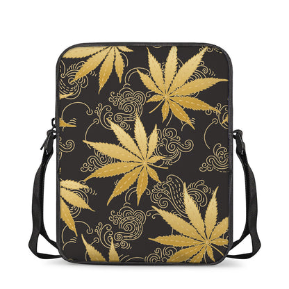 Gold Cannabis Leaf Pattern Print Rectangular Crossbody Bag