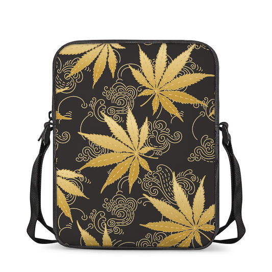 Gold Cannabis Leaf Pattern Print Rectangular Crossbody Bag