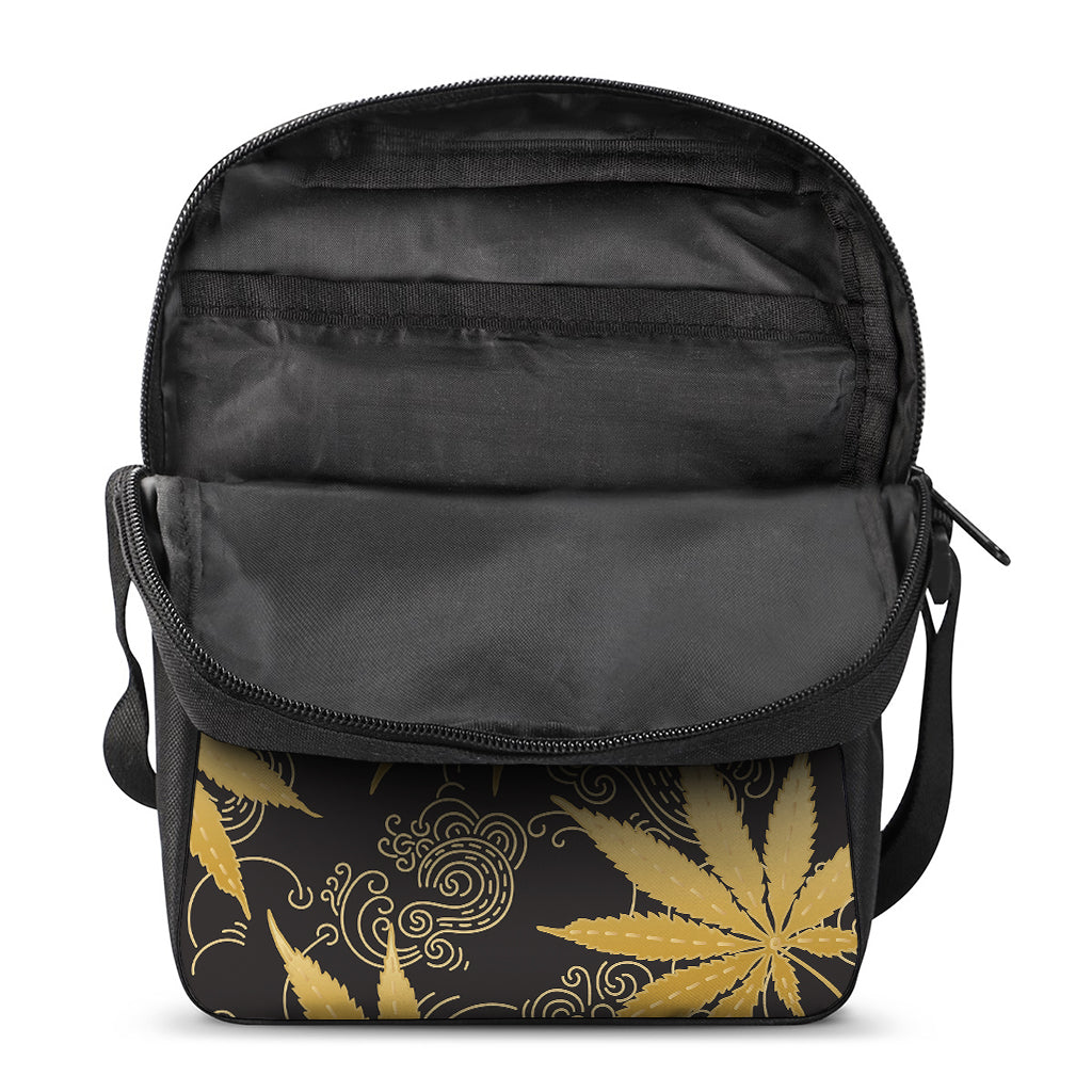 Gold Cannabis Leaf Pattern Print Rectangular Crossbody Bag