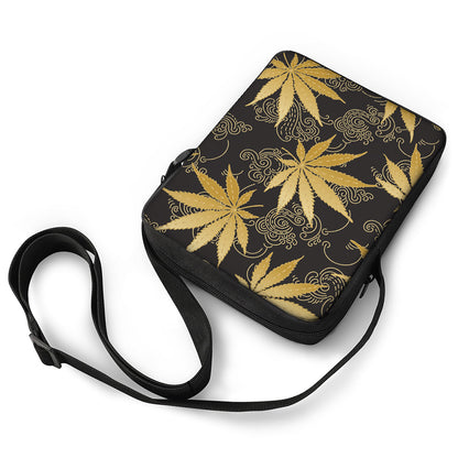 Gold Cannabis Leaf Pattern Print Rectangular Crossbody Bag