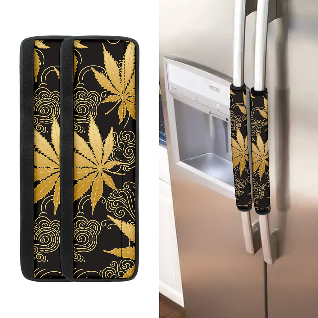 Gold Cannabis Leaf Pattern Print Refrigerator Handle Covers