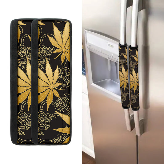 Gold Cannabis Leaf Pattern Print Refrigerator Handle Covers