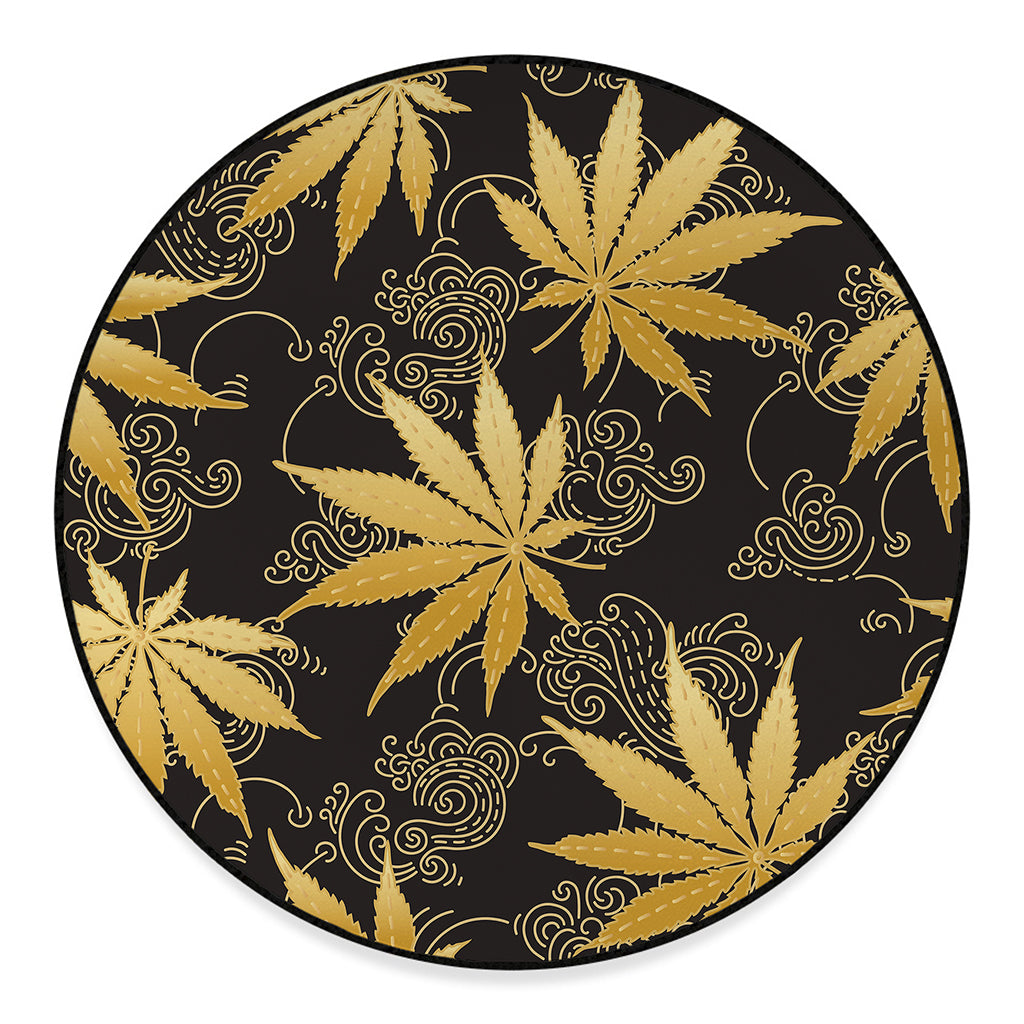 Gold Cannabis Leaf Pattern Print Round Floor Mat
