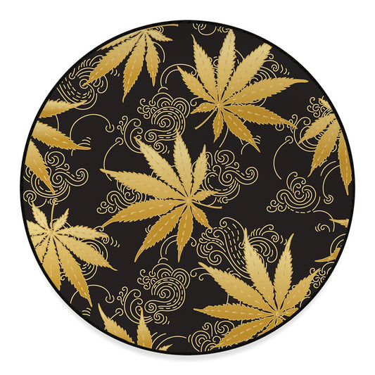 Gold Cannabis Leaf Pattern Print Round Floor Mat