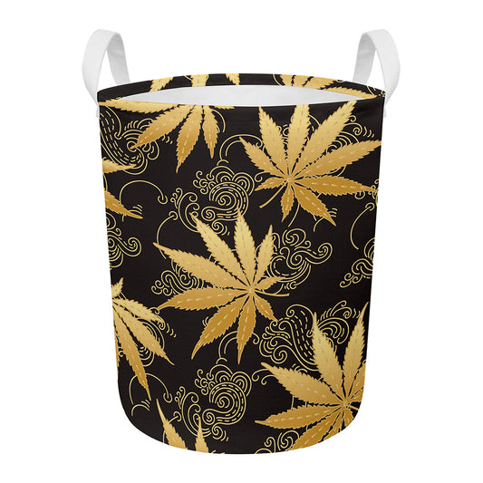 Gold Cannabis Leaf Pattern Print Round Laundry Basket