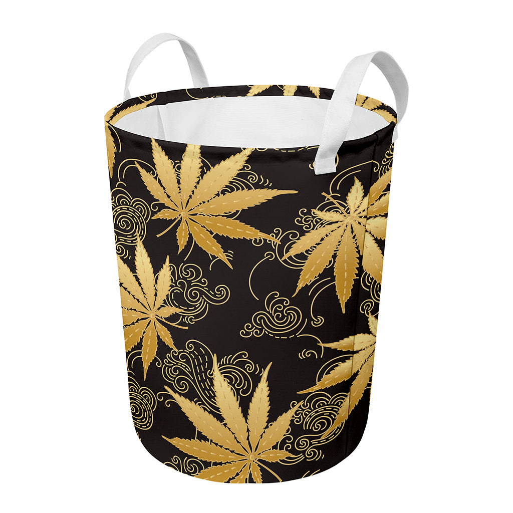 Gold Cannabis Leaf Pattern Print Round Laundry Basket