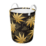 Gold Cannabis Leaf Pattern Print Round Laundry Basket