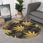 Gold Cannabis Leaf Pattern Print Round Rug