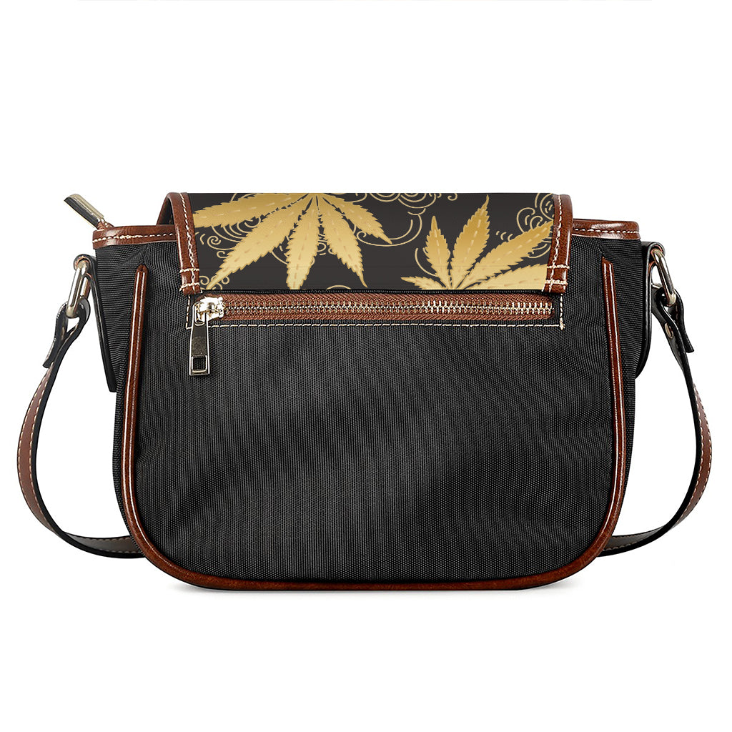 Gold Cannabis Leaf Pattern Print Saddle Bag