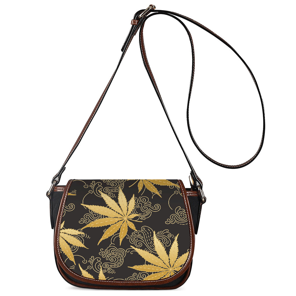Gold Cannabis Leaf Pattern Print Saddle Bag