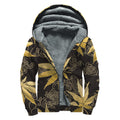 Gold Cannabis Leaf Pattern Print Sherpa Lined Zip Up Hoodie