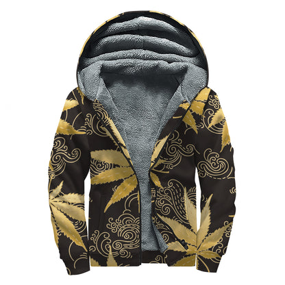 Gold Cannabis Leaf Pattern Print Sherpa Lined Zip Up Hoodie