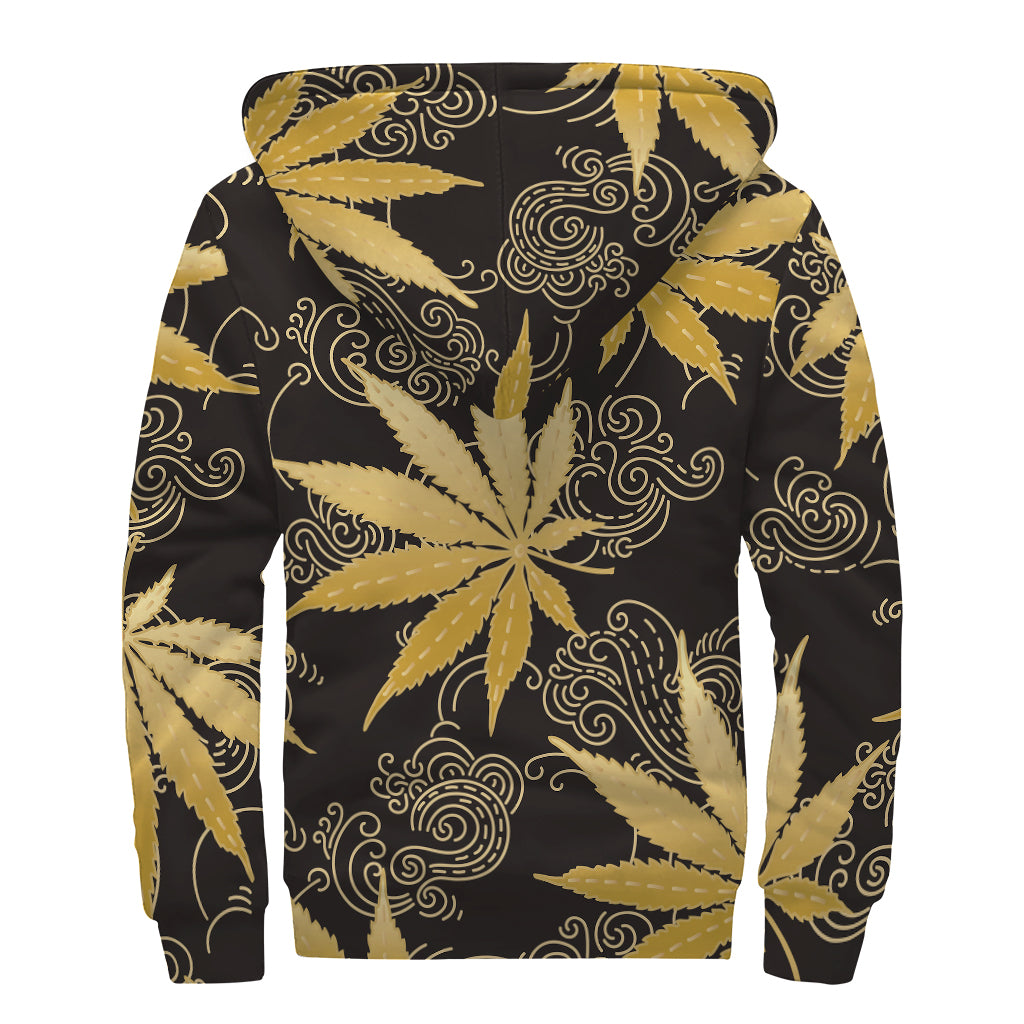 Gold Cannabis Leaf Pattern Print Sherpa Lined Zip Up Hoodie