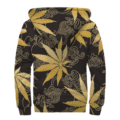 Gold Cannabis Leaf Pattern Print Sherpa Lined Zip Up Hoodie