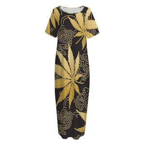 Gold Cannabis Leaf Pattern Print Short Sleeve Long Nightdress