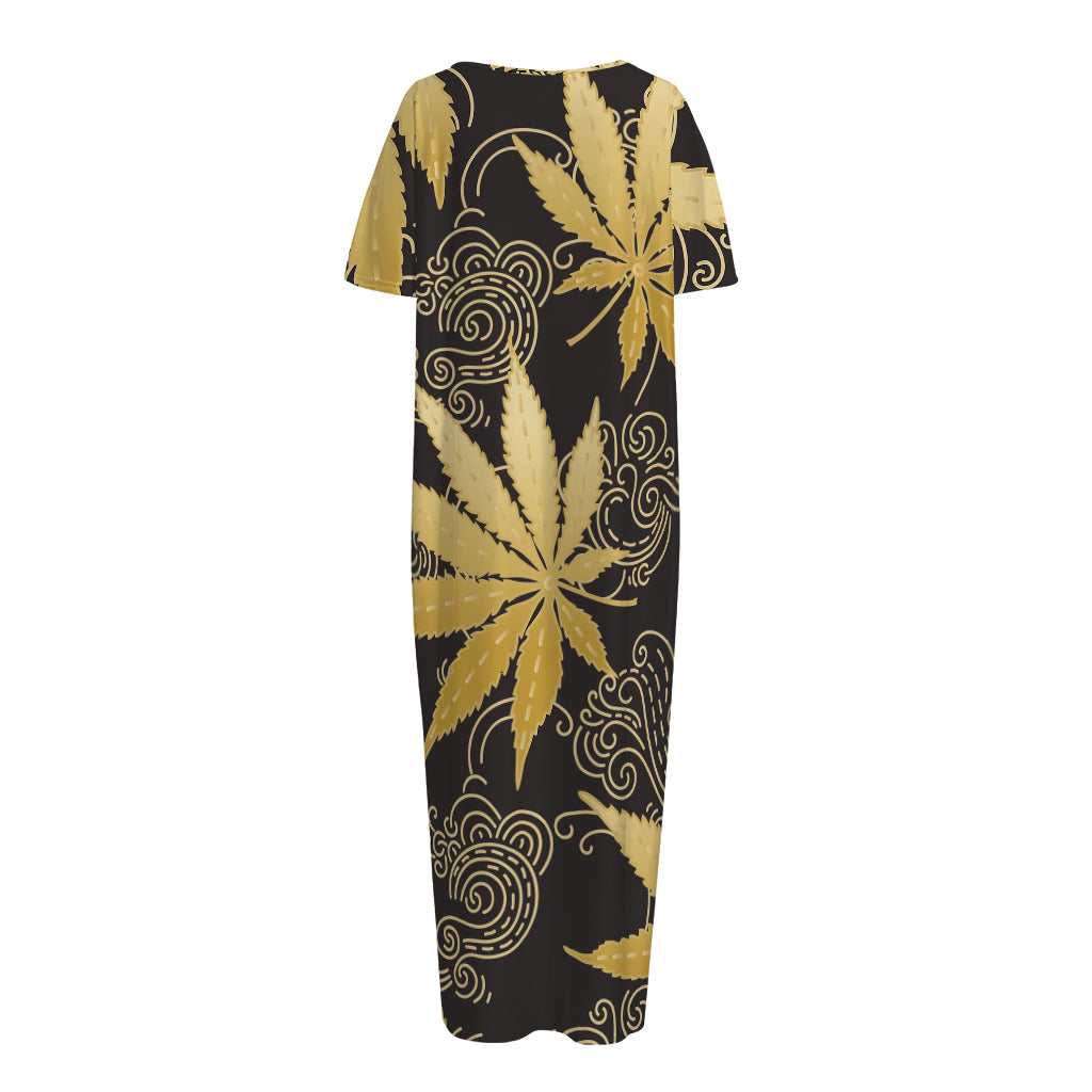 Gold Cannabis Leaf Pattern Print Short Sleeve Long Nightdress