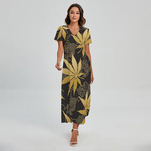 Gold Cannabis Leaf Pattern Print Short Sleeve Maxi Dress