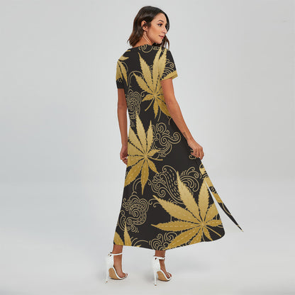Gold Cannabis Leaf Pattern Print Short Sleeve Maxi Dress