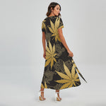 Gold Cannabis Leaf Pattern Print Short Sleeve Maxi Dress