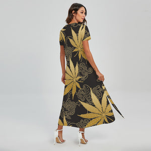 Gold Cannabis Leaf Pattern Print Short Sleeve Maxi Dress