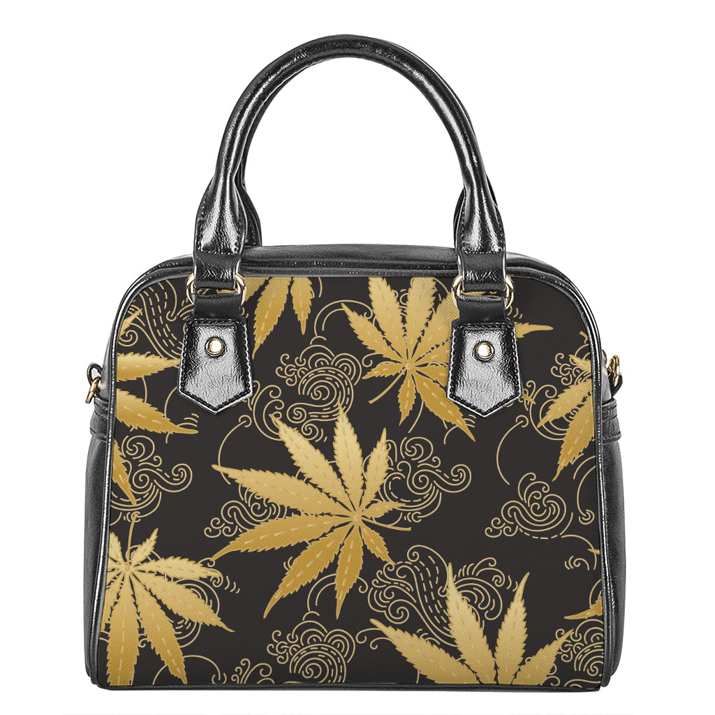 Gold Cannabis Leaf Pattern Print Shoulder Handbag