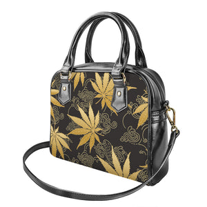 Gold Cannabis Leaf Pattern Print Shoulder Handbag