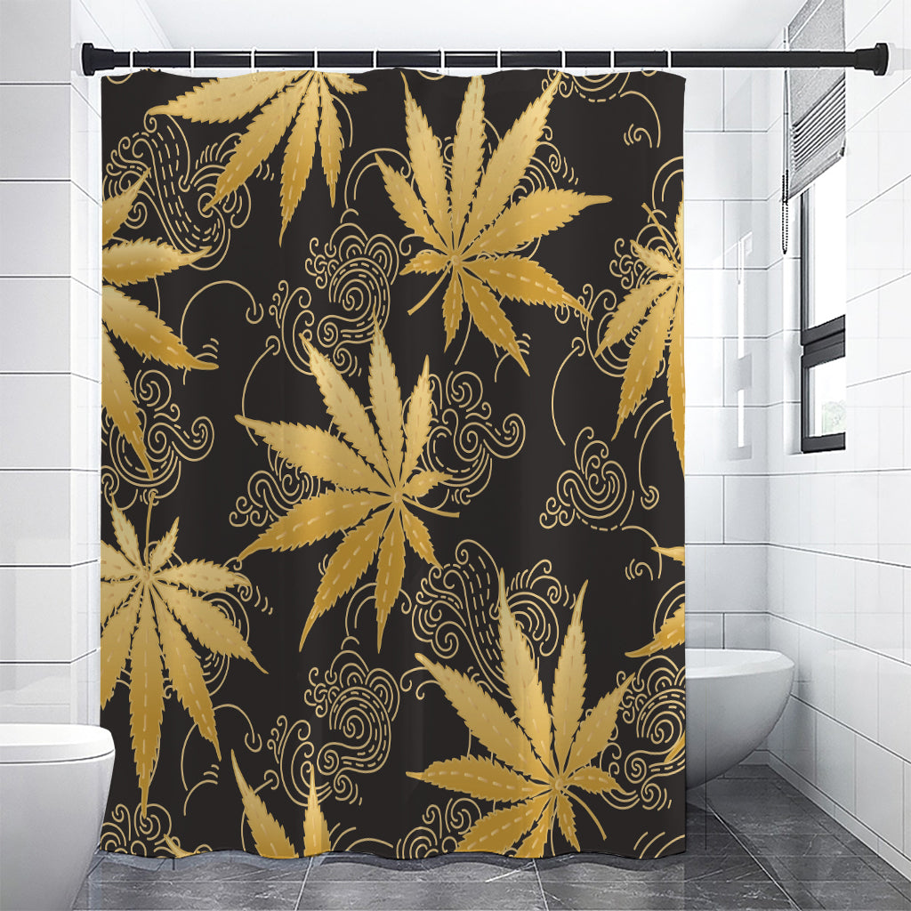 Gold Cannabis Leaf Pattern Print Shower Curtain