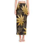 Gold Cannabis Leaf Pattern Print Side Slit Maxi Skirt