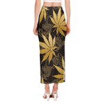 Gold Cannabis Leaf Pattern Print Side Slit Maxi Skirt