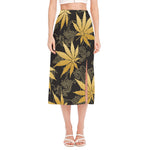 Gold Cannabis Leaf Pattern Print Side Slit Midi Skirt