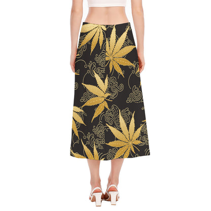 Gold Cannabis Leaf Pattern Print Side Slit Midi Skirt