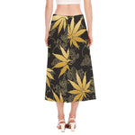 Gold Cannabis Leaf Pattern Print Side Slit Midi Skirt