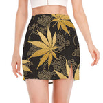 Gold Cannabis Leaf Pattern Print Side Slit Mini Skirt