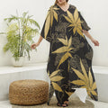 Gold Cannabis Leaf Pattern Print Silk V-Neck Kaftan Dress