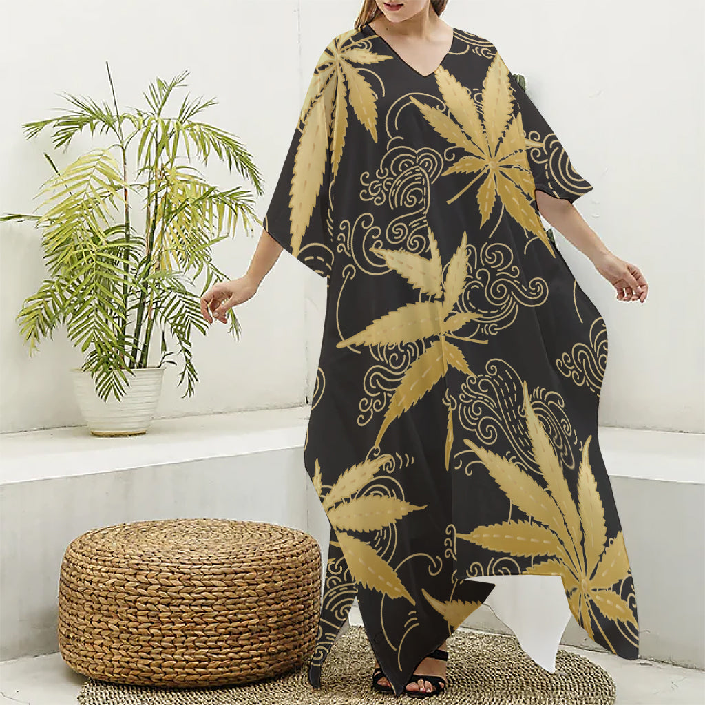 Gold Cannabis Leaf Pattern Print Silk V-Neck Kaftan Dress