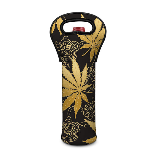 Gold Cannabis Leaf Pattern Print Single Neoprene Wine Tote