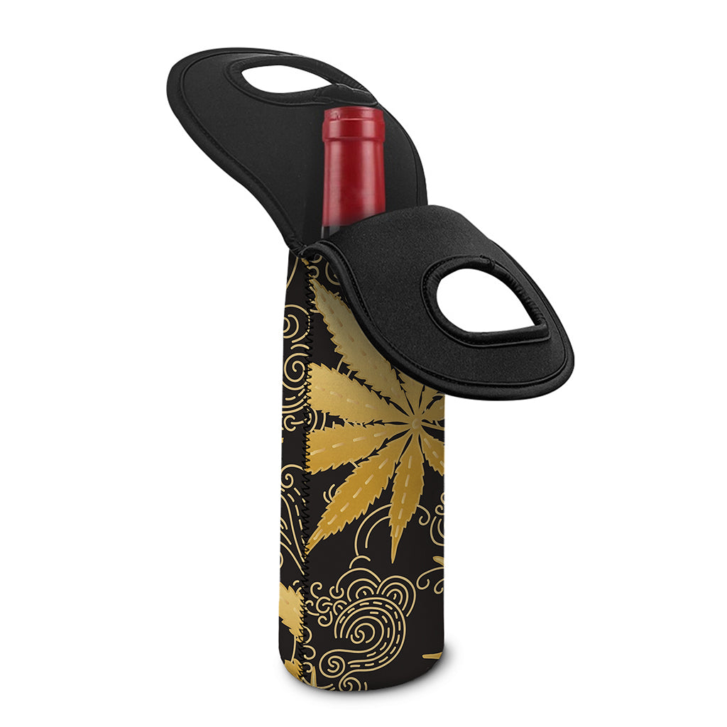 Gold Cannabis Leaf Pattern Print Single Neoprene Wine Tote