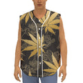 Gold Cannabis Leaf Pattern Print Sleeveless Baseball Jersey