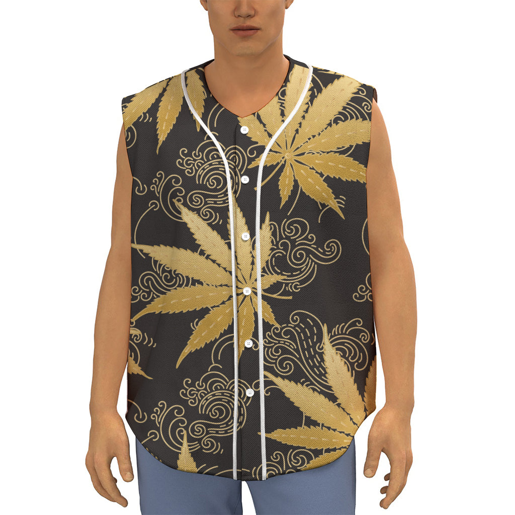 Gold Cannabis Leaf Pattern Print Sleeveless Baseball Jersey
