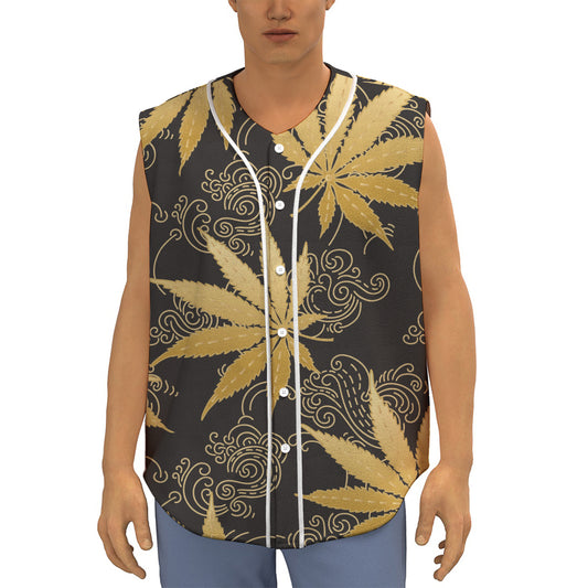 Gold Cannabis Leaf Pattern Print Sleeveless Baseball Jersey