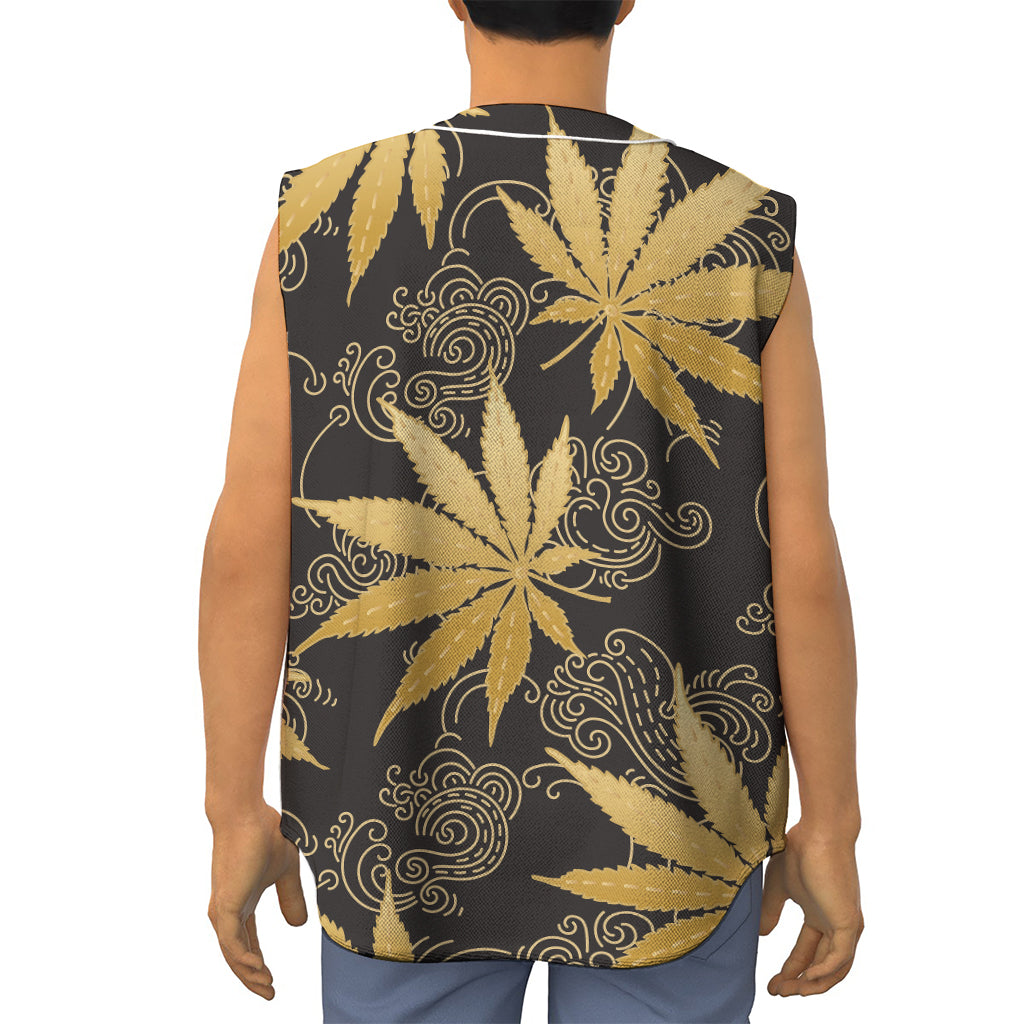 Gold Cannabis Leaf Pattern Print Sleeveless Baseball Jersey