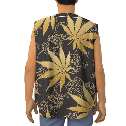 Gold Cannabis Leaf Pattern Print Sleeveless Baseball Jersey
