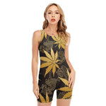 Gold Cannabis Leaf Pattern Print Sleeveless One Piece Swimsuit